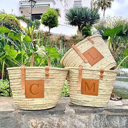 FRENCH BASKET Classic Customized Tan Leather Patch Straw Basket