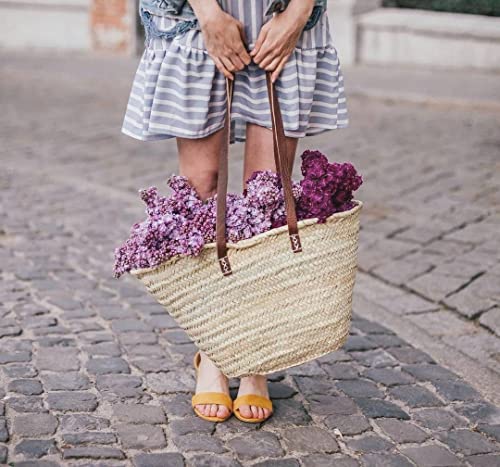 FRENCH BASKET straw market basket with leather handles