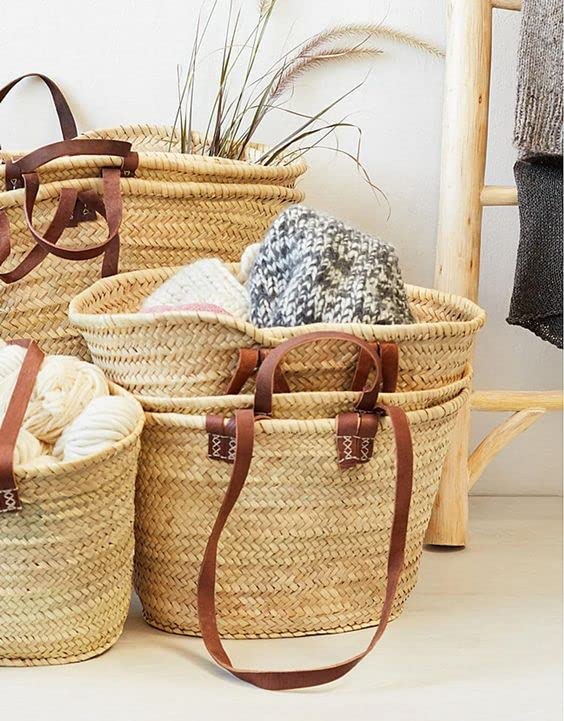 FRENCH BASKET with double flat leather handles - Babouche Marrakech